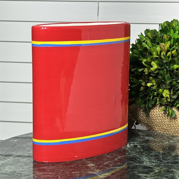 FTD Planter Flower Vase Red With Blue And Yellow Stripes - Picture 4 of 6